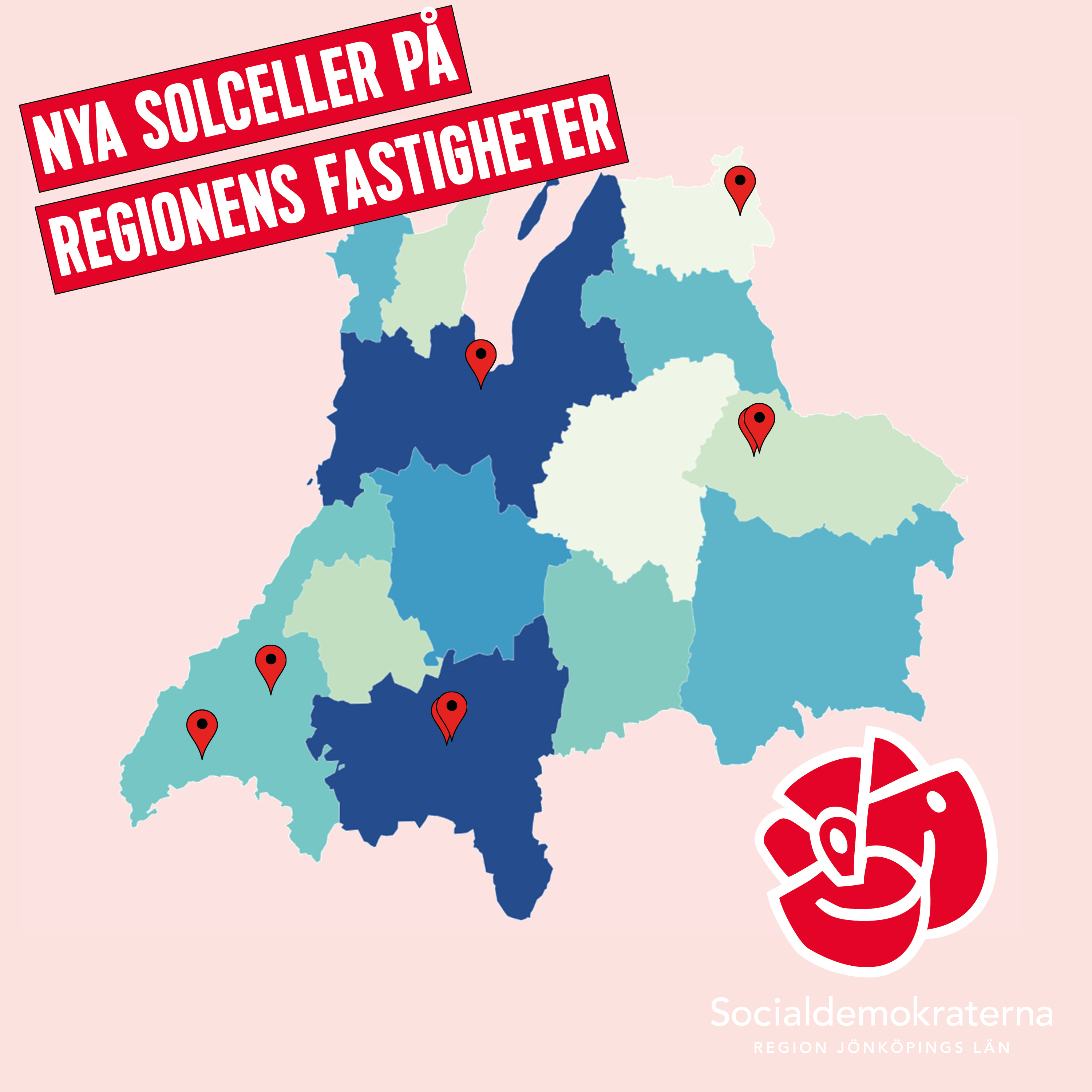Karta på Jönköpings län med kartmarkeringar där nya solceller ska installeras. 
